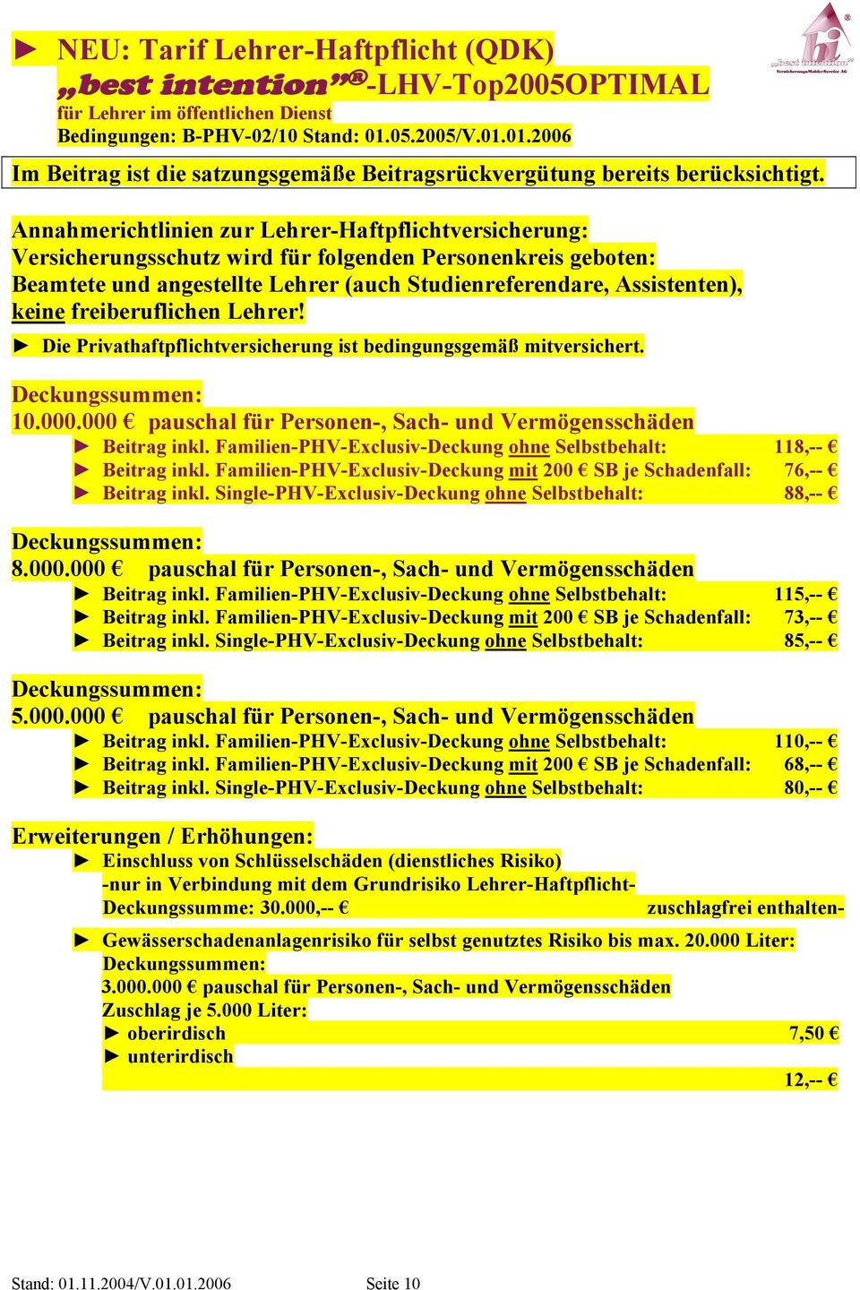 Annahmerichtlinien zur Lehrer-Haftpflichtversicherung: Versicherungsschutz wird für folgenden Personenkreis geboten: Beamtete und angestellte Lehrer (auch Studienreferendare, Assistenten), keine