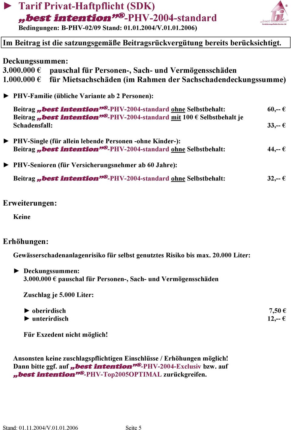 000 für Mietsachschäden (im Rahmen der Sachschadendeckungssumme) PHV-Familie (übliche Variante ab 2 Personen): Beitrag best intention -PHV-2004-standard ohne Selbstbehalt: 60,-- Beitrag best