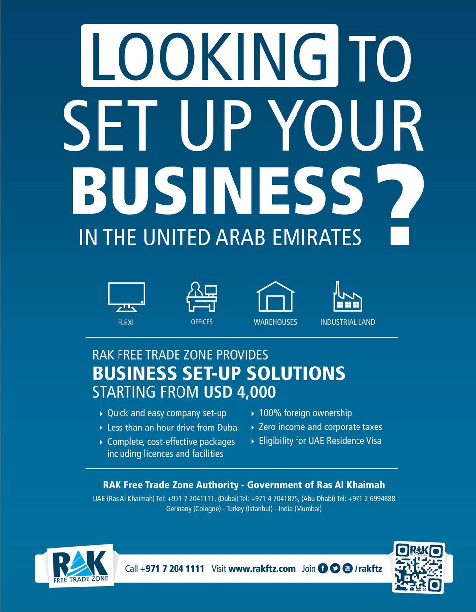 set-up Less than an hour drive from Dubai Complete, cost-effective packages including licences and facilities 100% foreign ownership Zero income and corporate taxes