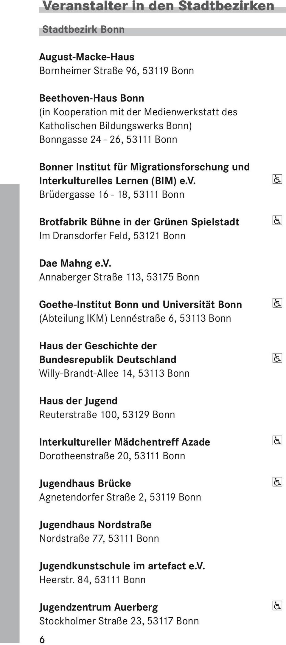 Brüdergasse 16-18, 53111 Bonn Brotfabrik Bühne in der Grünen Spielstadt Im Dransdorfer Feld, 53121 Bonn Dae Mahng e.v.
