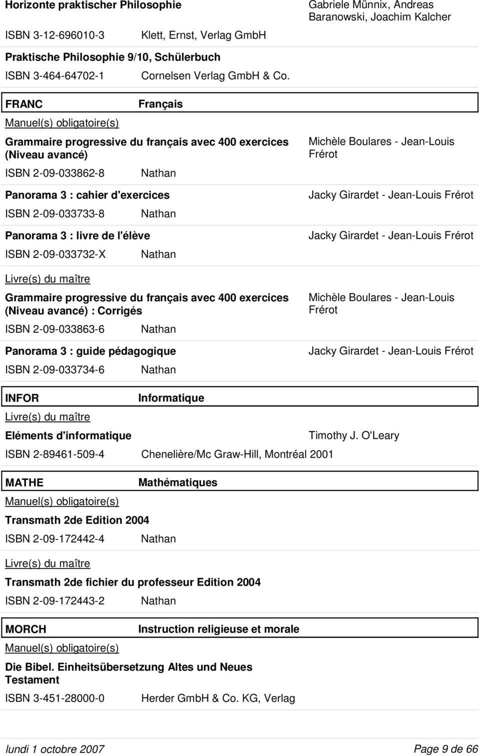 FRANC Français Grammaire progressive du français avec 400 exercices (Niveau avancé) ISBN 2-09-033862-8 Nathan Panorama 3 : cahier d'exercices ISBN 2-09-033733-8 Nathan Panorama 3 : livre de l'élève