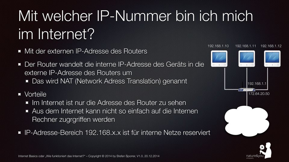 (Network Adress Translation) genannt Vorteile Im Internet ist nur die Adresse des Router zu sehen Aus dem Internet kann nicht