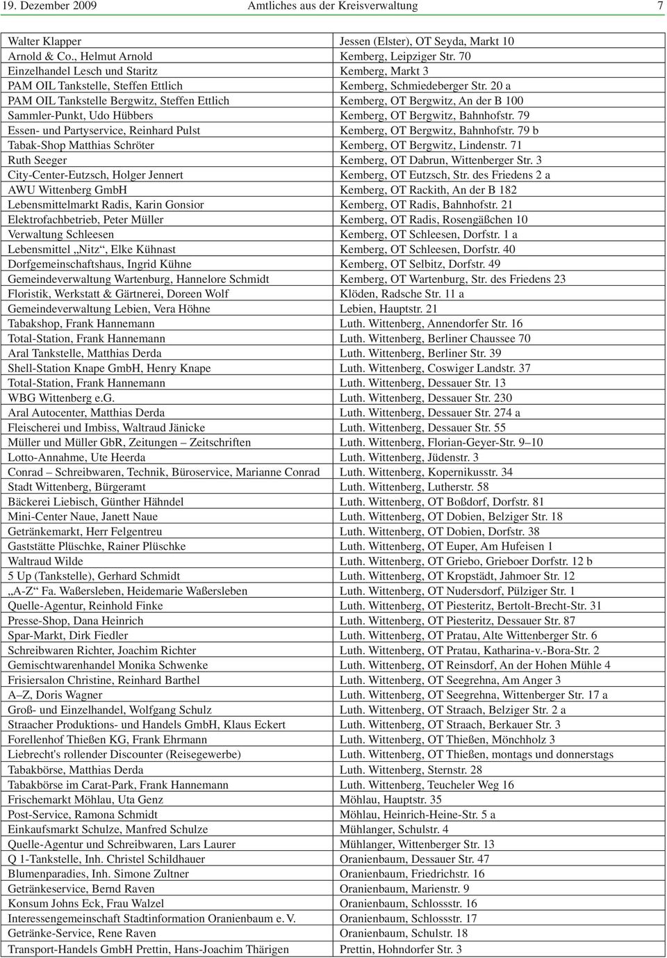 20 a PAM OIL Tankstelle Bergwitz, Steffen Ettlich Kemberg, OT Bergwitz, An der B 100 Sammler-Punkt, Udo Hübbers Kemberg, OT Bergwitz, Bahnhofstr.