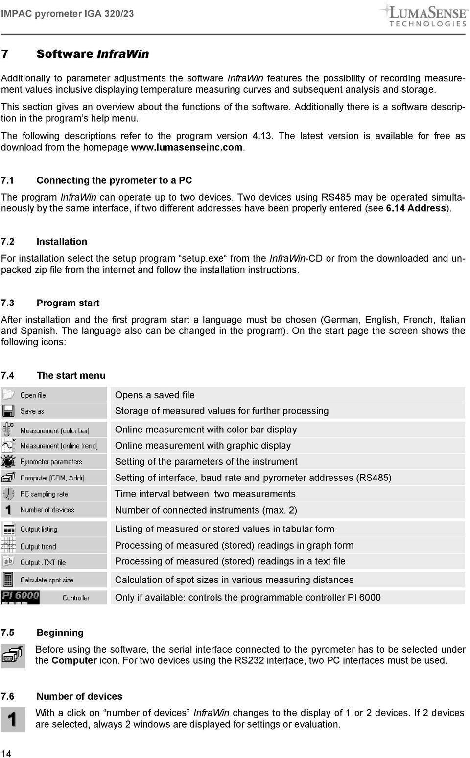 The following descriptions refer to the program version 4.13. The latest version is available for free as download from the homepage www.lumasenseinc.com. 7.