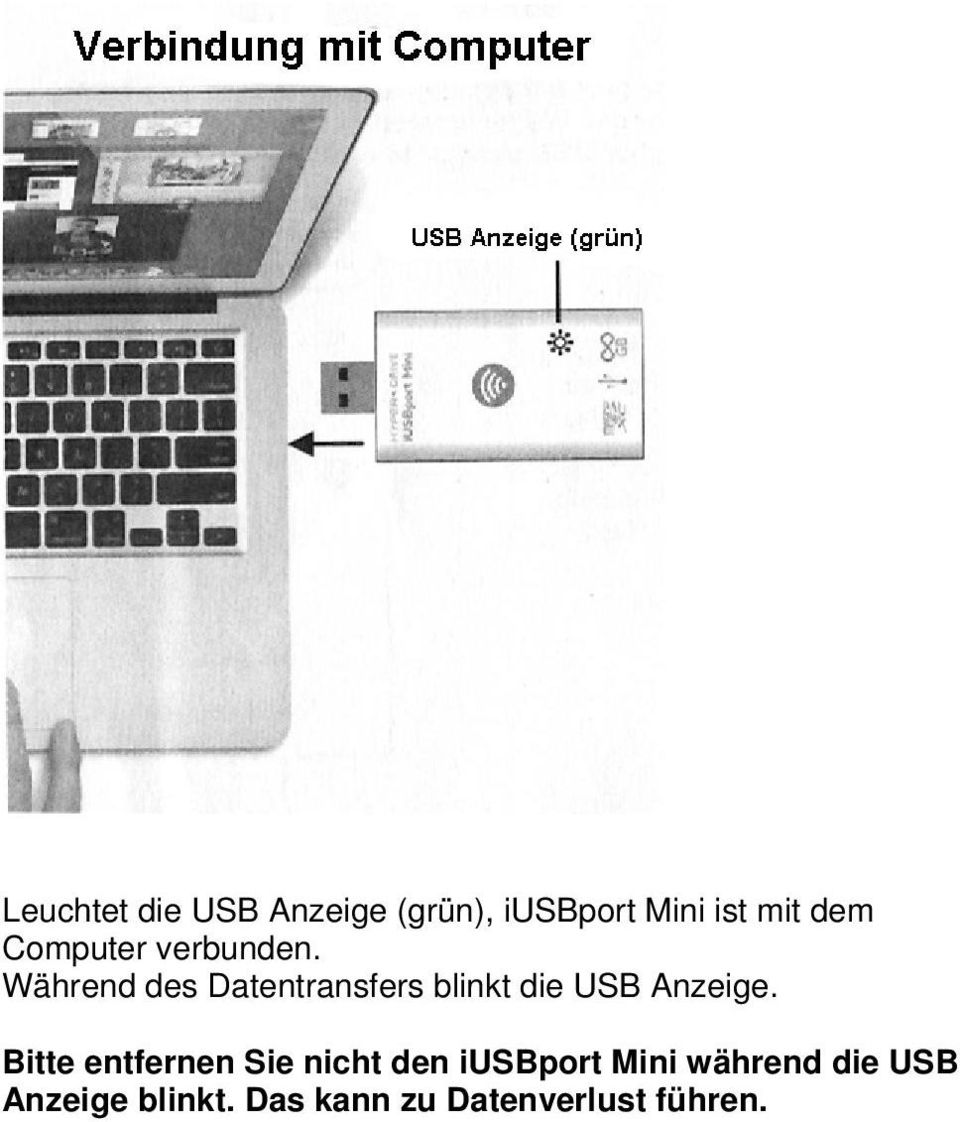 Während des Datentransfers blinkt die USB Anzeige.