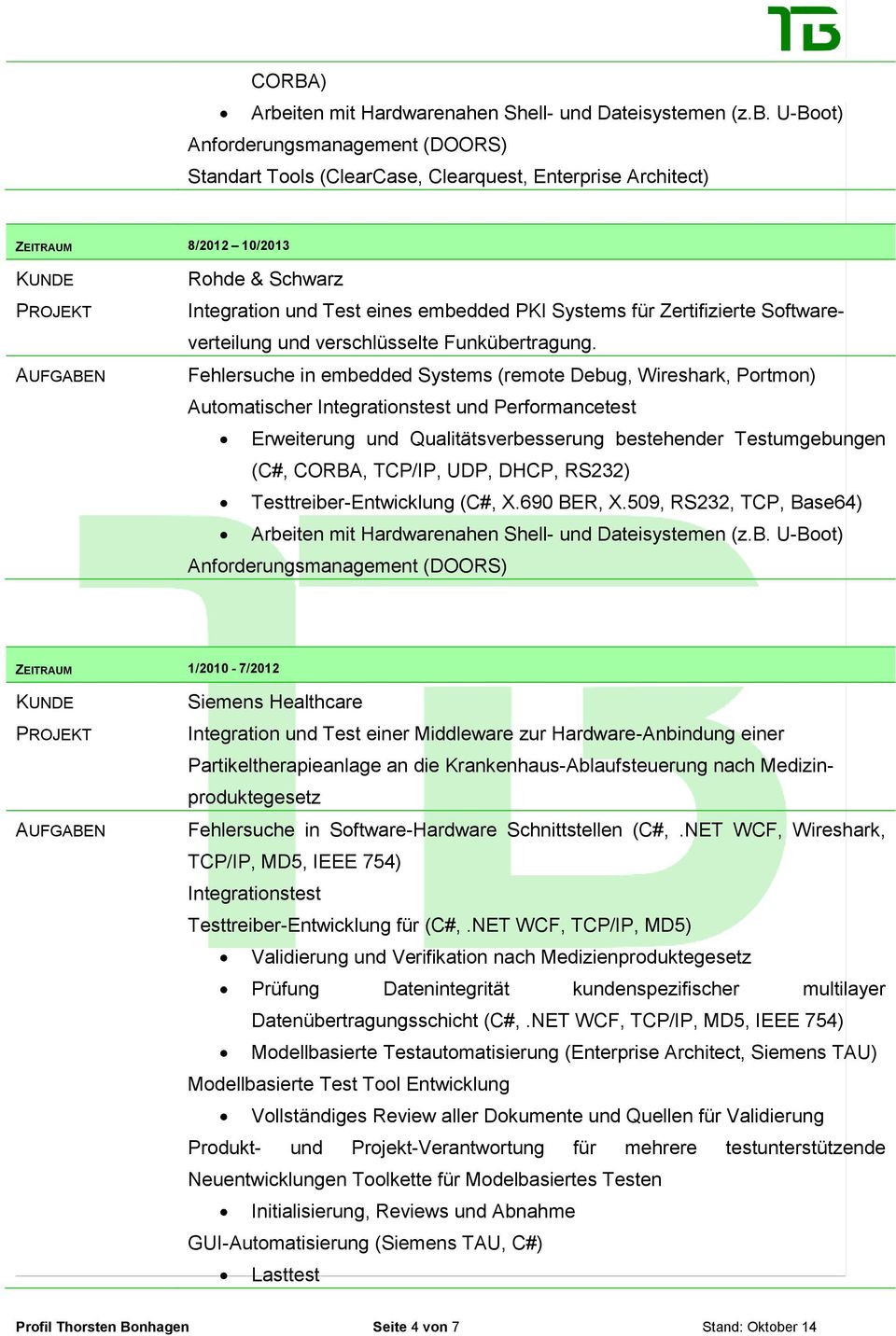 U-Boot) Anforderungsmanagement (DOORS) Standart Tools (ClearCase, Clearquest, Enterprise Architect) 8/2012 10/2013 Rohde & Schwarz Integration und Test eines embedded PKI Systems für Zertifizierte