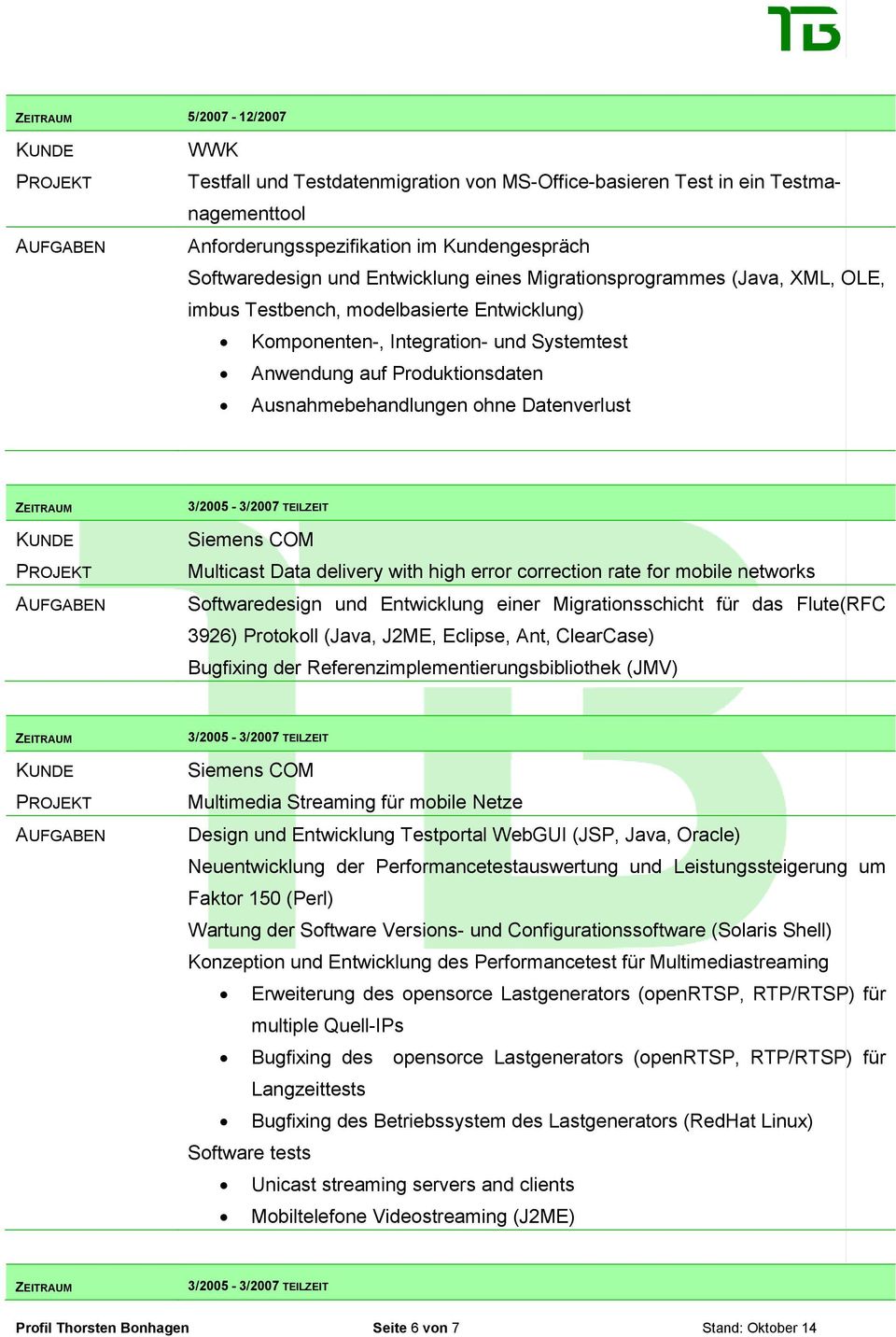 3/2005-3/2007 TEILZEIT Siemens COM Multicast Data delivery with high error correction rate for mobile networks Softwaredesign und Entwicklung einer Migrationsschicht für das Flute(RFC 3926) Protokoll