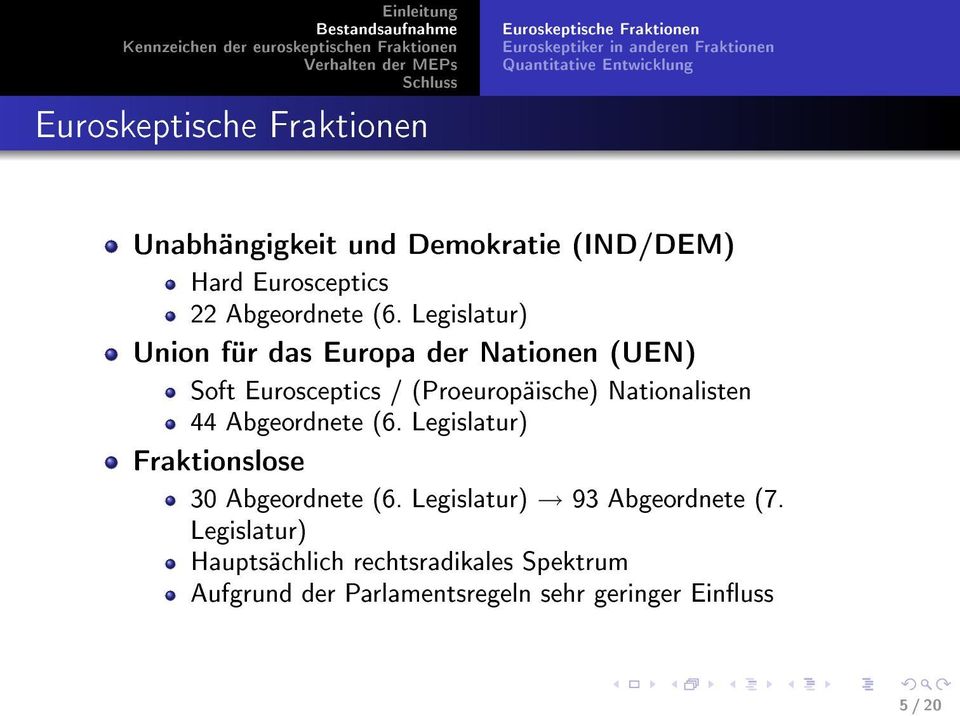 Legislatur) Union für das Europa der Nationen (UEN) Soft Eurosceptics / (Proeuropäische) Nationalisten 44 Abgeordnete (6.