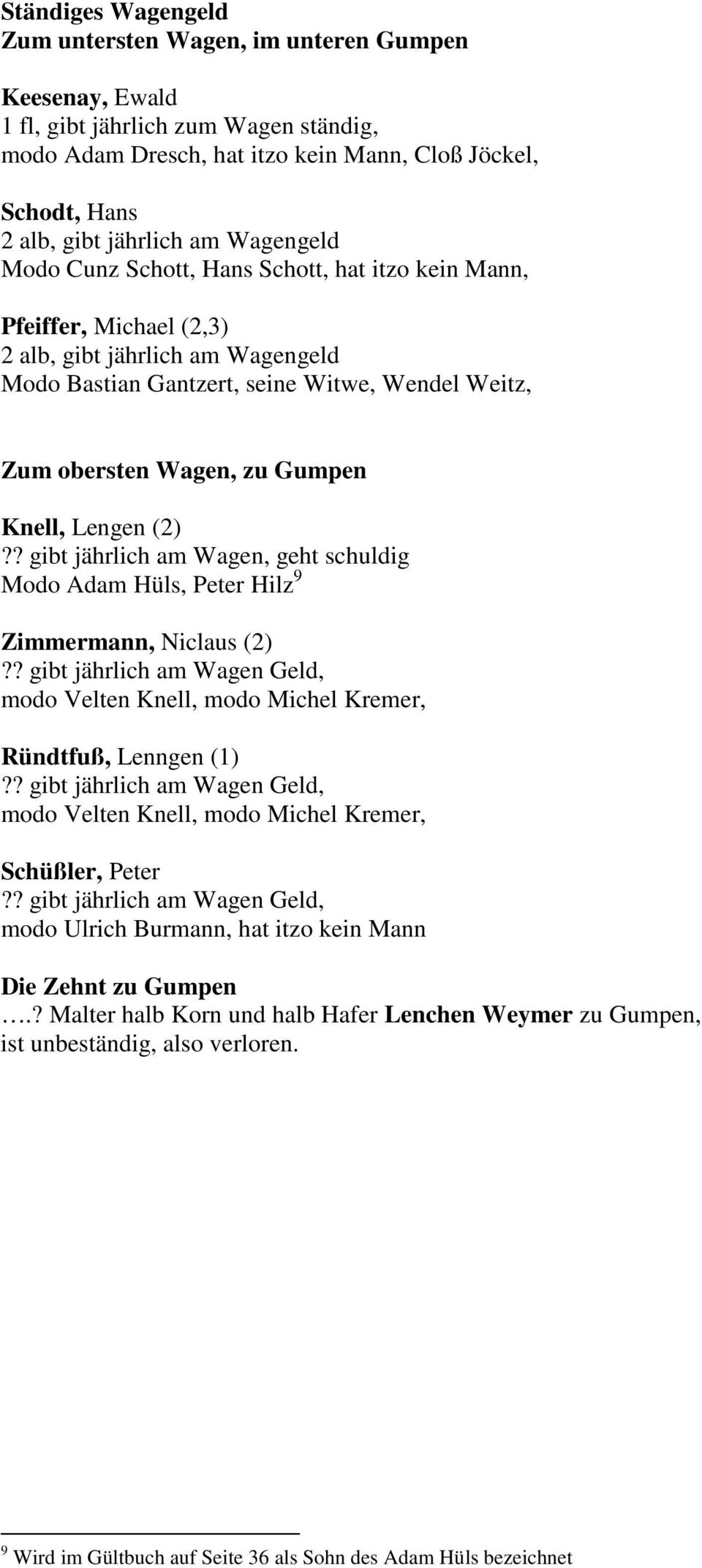Gumpen Knell, Lengen (2)?? gibt jährlich am Wagen, geht schuldig Modo Adam Hüls, Peter Hilz 9 Zimmermann, Niclaus (2)?