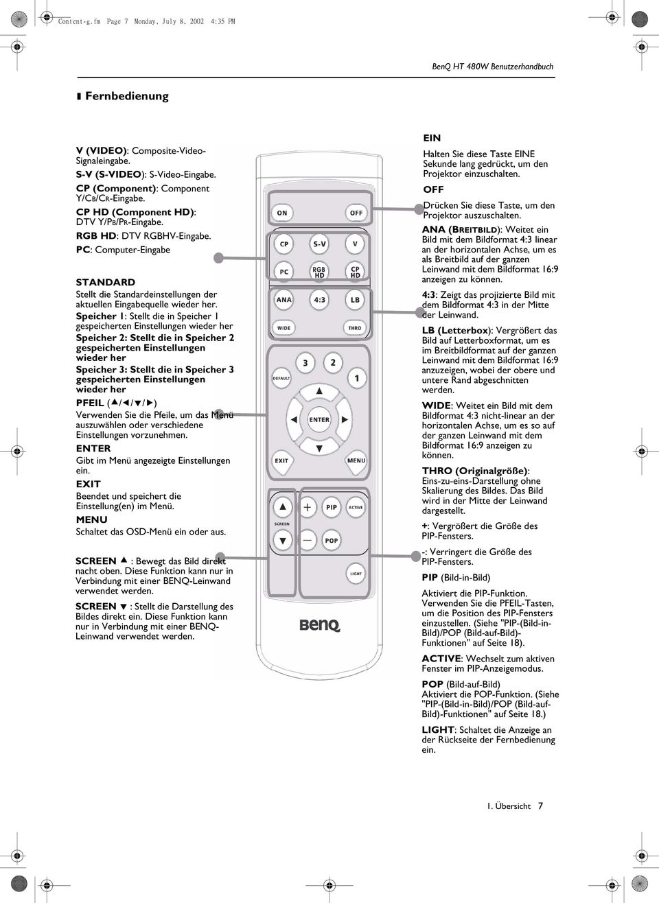 Speicher 1: Stellt die in Speicher 1 gespeicherten Einstellungen wieder her Speicher 2: Stellt die in Speicher 2 gespeicherten Einstellungen wieder her Speicher 3: Stellt die in Speicher 3