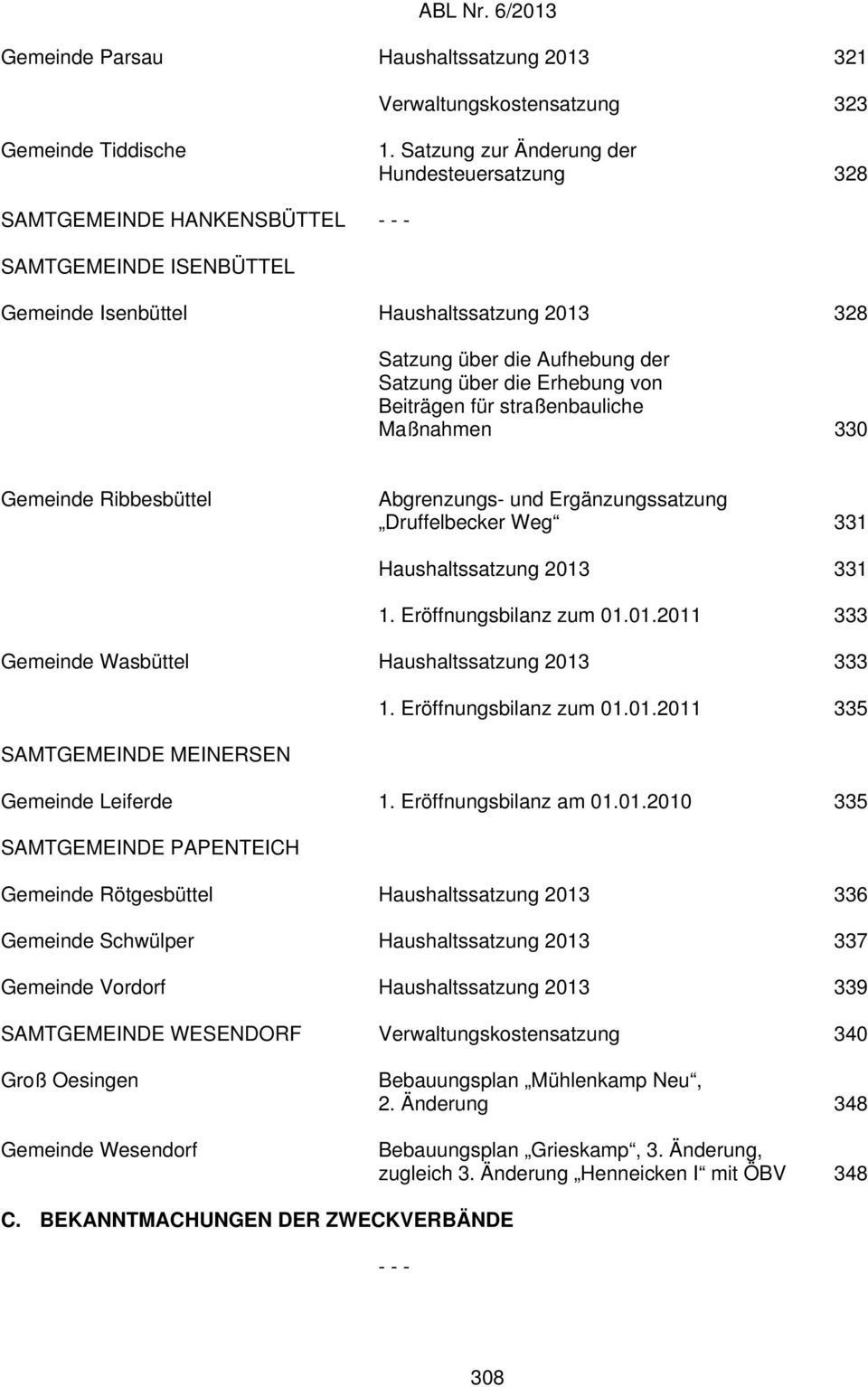 Erhebung von Beiträgen für straßenbauliche Maßnahmen 330 Gemeinde Ribbesbüttel Abgrenzungs- und Ergänzungssatzung Druffelbecker Weg 331 Haushaltssatzung 2013