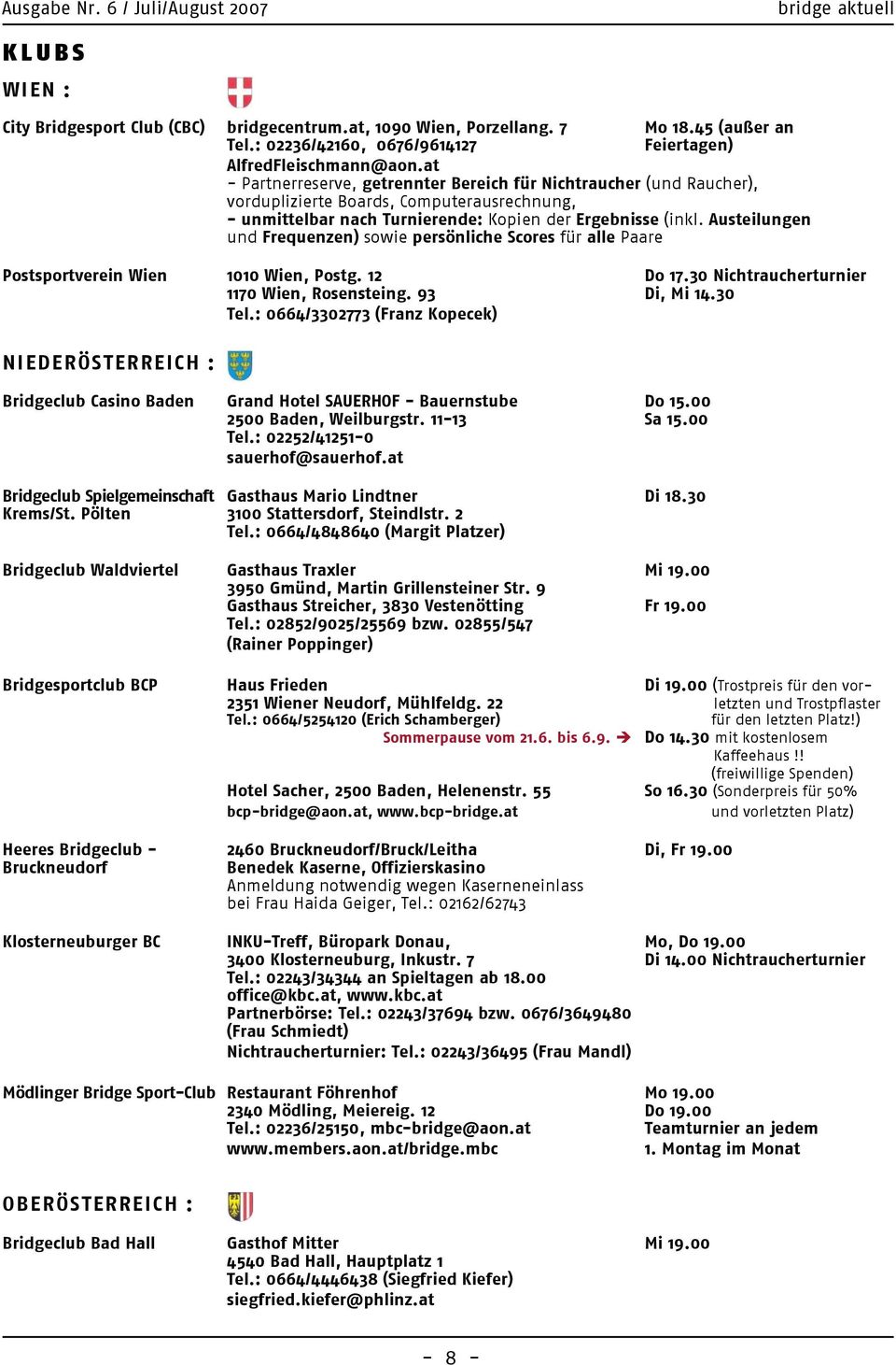 Austeilungen und Frequenzen) sowie persönliche Scores für alle Paare Postsportverein Wien 1010 Wien, Postg. 12 Do 17.30 Nichtraucherturnier 1170 Wien, Rosensteing. 93 Di, Mi 14.30 Tel.