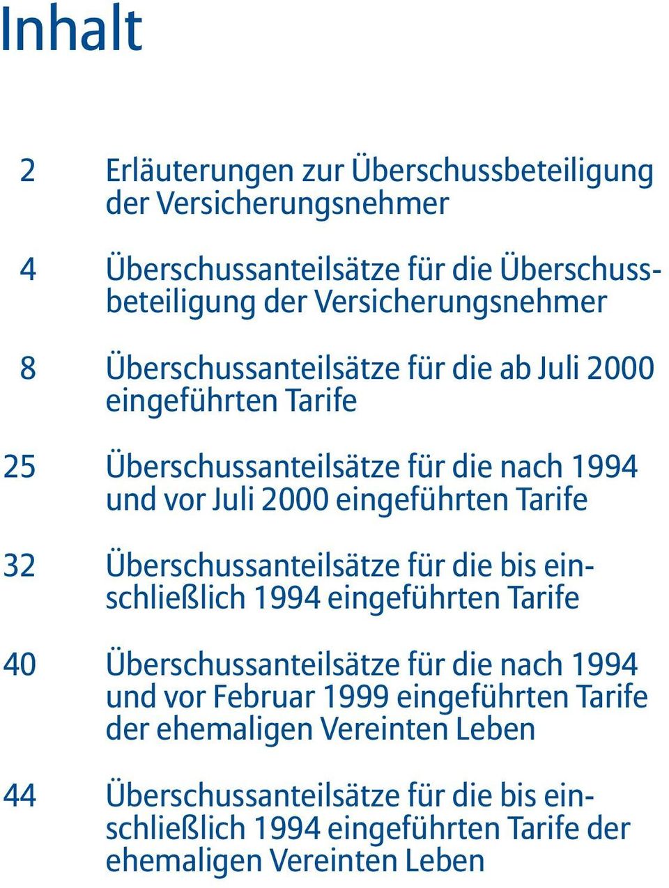 eingeführten Tarife Überschussanteilsätze für die bis einschließlich 1994 eingeführten Tarife Überschussanteilsätze für die nach 1994 und vor