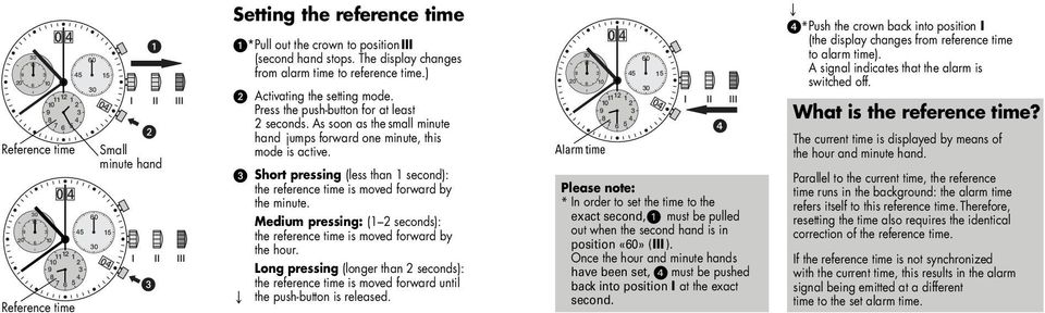 As soon as the small minute hand jumps forward one minute, this mode is active. Short pressing (less than second): the reference time is moved forward by the minute.