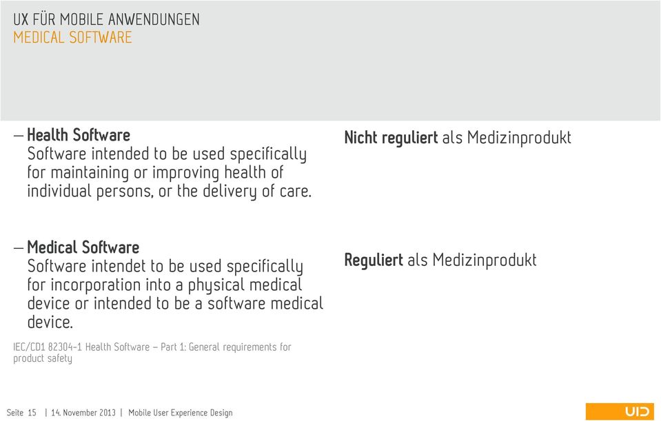 Nicht reguliert als Medizinprodukt Medical Software Software intendet to be used specifically for incorporation into a physical