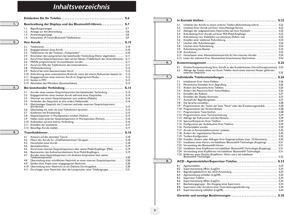 Ihre Anrufe................................................. S.10.1 Telefonieren............................................................ S.10. Entgegennehmen eines Anrufs.............................................. S.10. Telefonieren mit der Funktion Freisprechen.