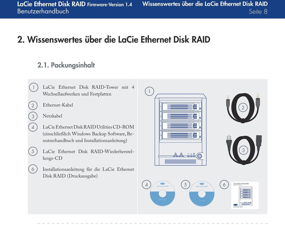 Packungsinhalt 1 LaCie Ethernet Disk RAID-Tower mit 4 Wechsellaufwerken und Festplatten 1 2 Ethernet-Kabel 1 2 3 Netzkabel 12 4 LaCie Ethernet Disk RAID Utilities CD-ROM (einschließlich Windows