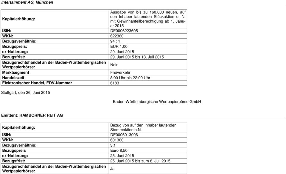 Juli 2015 Bezugsrechtshandel an der Baden-Württembergischen Wertpapierbörse: Nein Marktsegment Freiverkehr Handelszeit 8:00 Uhr bis 22:00 Uhr Elektronischer Handel, EDV-Nummer 6183 Stuttgart, den 26.