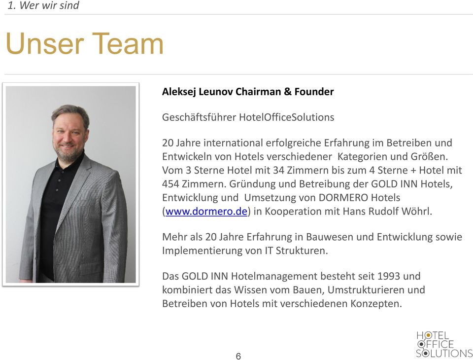 Gründung und Betreibung der GOLD INN Hotels, Entwicklung und Umsetzung von DORMERO Hotels (www.dormero.de) in Kooperation mit Hans Rudolf Wöhrl.