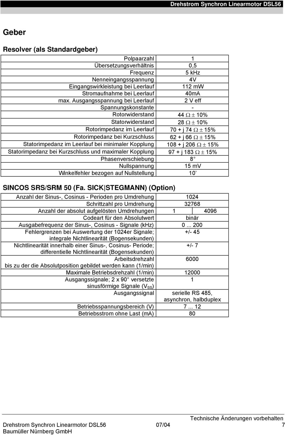 15% Statorimpedanz im Leerlauf bei minimaler Kopplung 108 + j 206 Ω ± 15% Statorimpedanz bei Kurzschluss und maximaler Kopplung 97 + j 183 Ω ± 15% Phasenverschiebung 8 Nullspannung 15 mv Winkelfehler