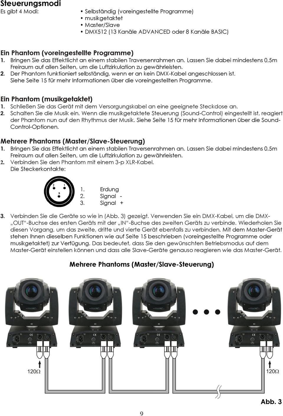 Der Phantom funktioniert selbständig, wenn er an kein DMX-Kabel angeschlossen ist. Siehe Seite 15 für mehr Informationen über die voreingestellten Programme. Ein Phantom (musikgetaktet) 1.