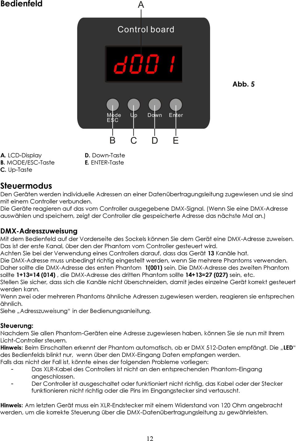 Die Geräte reagieren auf das vom Controller ausgegebene DMX-Signal. (Wenn Sie eine DMX-Adresse auswählen und speichern, zeigt der Controller die gespeicherte Adresse das nächste Mal an.