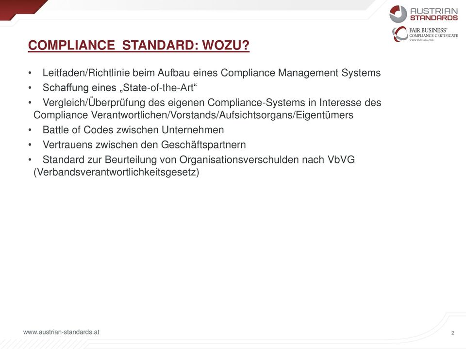 Vergleich/Überprüfung des eigenen Compliance-Systems in Interesse des Compliance