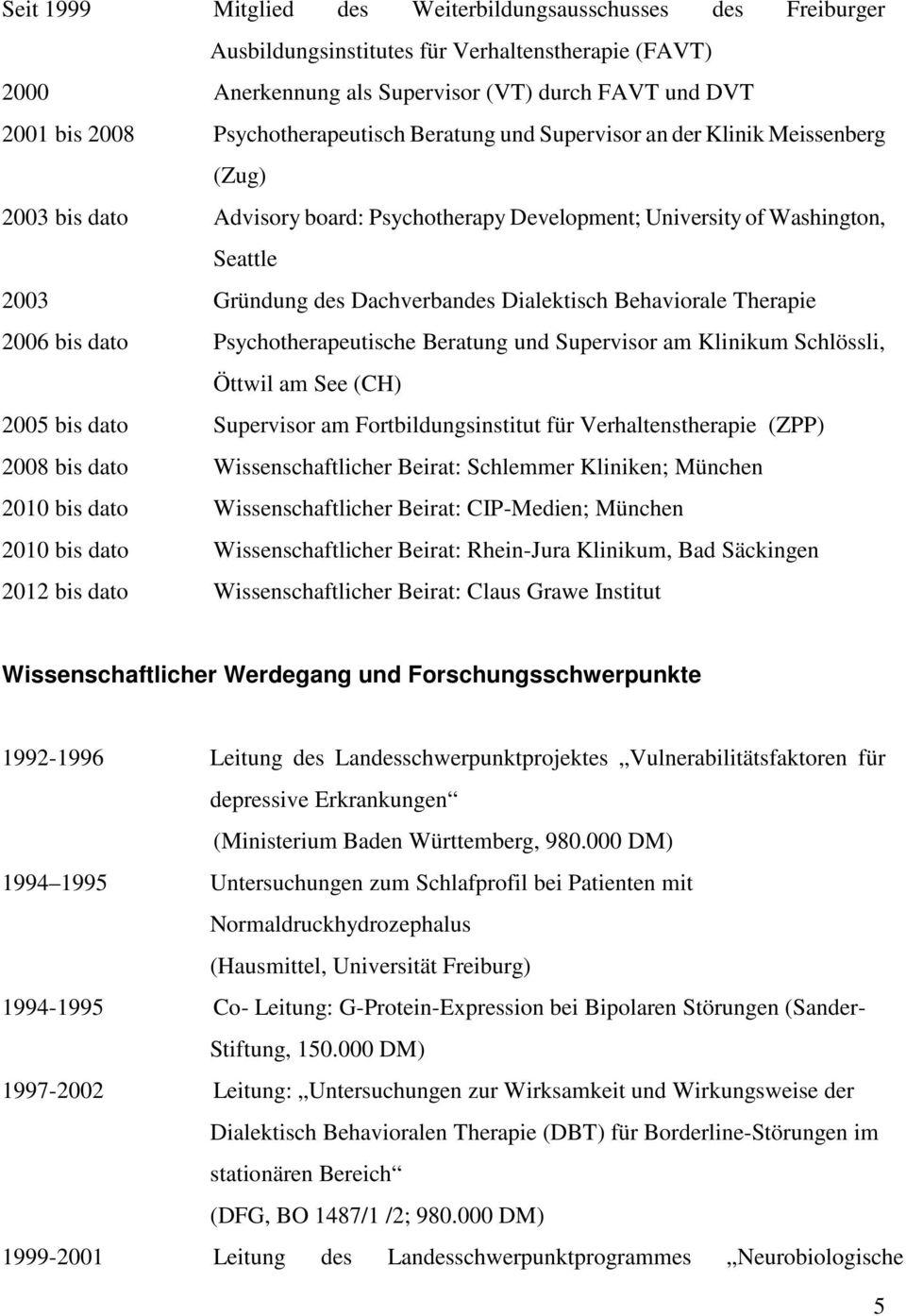 Dialektisch Behaviorale Therapie 2006 bis dato Psychotherapeutische Beratung und Supervisor am Klinikum Schlössli, Öttwil am See (CH) 2005 bis dato Supervisor am Fortbildungsinstitut für