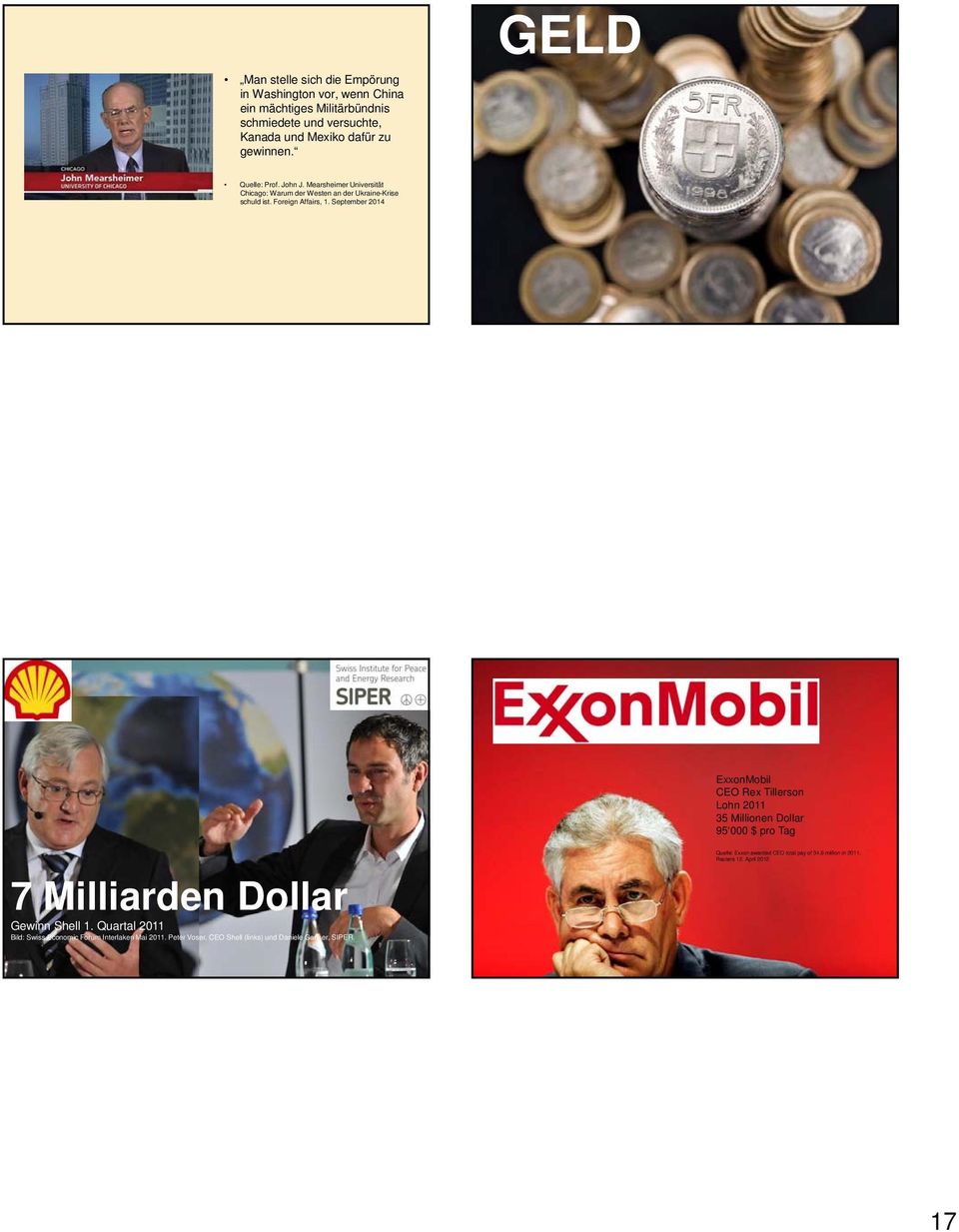 September 2014 ExxonMobil CEO Rex Tillerson Lohn 2011 35 Millionen Dollar 95 000 $ pro Tag 7 Milliarden Dollar Gewinn Shell 1.