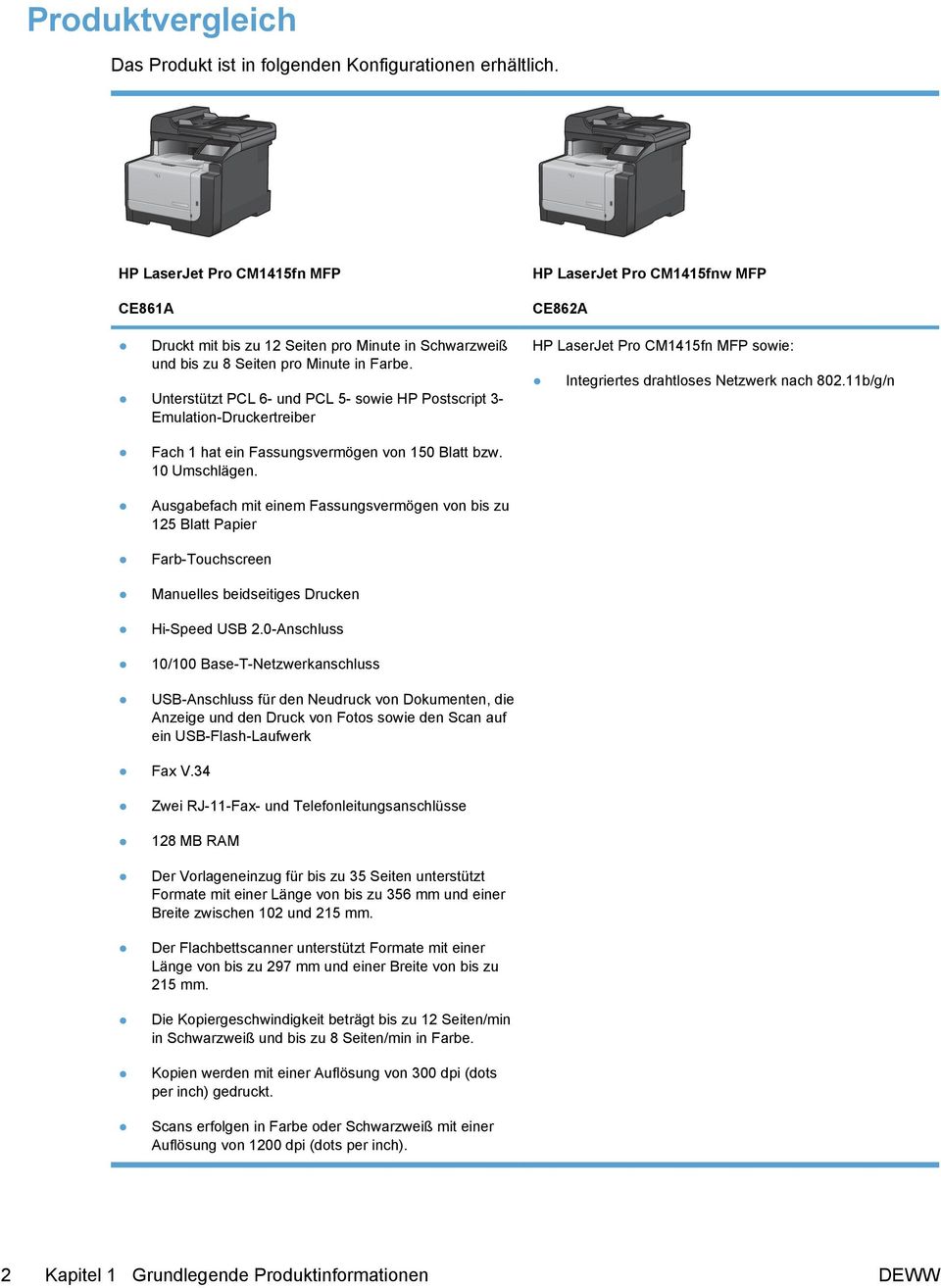 Unterstützt PCL 6- und PCL 5- sowie HP Postscript 3- Emulation-Druckertreiber HP LaserJet Pro CM1415fnw MFP CE862A HP LaserJet Pro CM1415fn MFP sowie: Integriertes drahtloses Netzwerk nach 802.