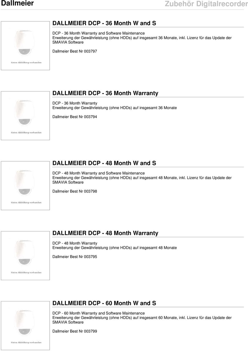 Dallmeier Best Nr 003794 DALLMEIER DCP - 48 Month W and S DCP - 48 Month Warranty and Software Maintenance Erweiterung der Gewährleistung (ohne HDDs) auf insgesamt 48 Monate, inkl.