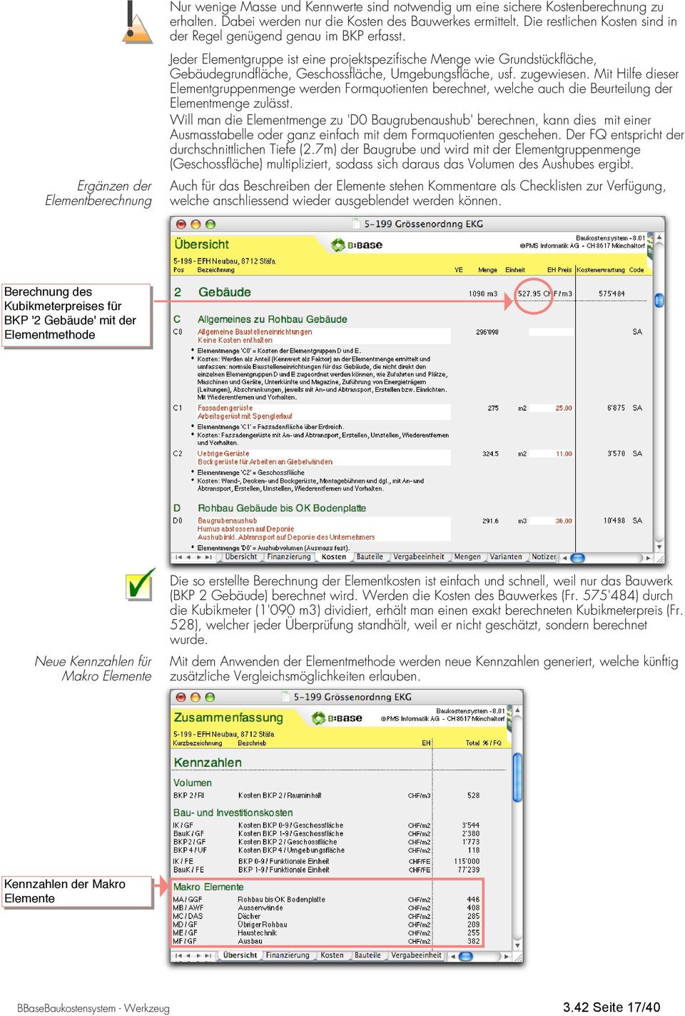 Jeder Elementgruppe ist eine projektspezifische Menge wie Grundstückfläche, Gebäudegrundfläche, Geschossfläche, Umgebungsfläche, usf. zugewiesen.