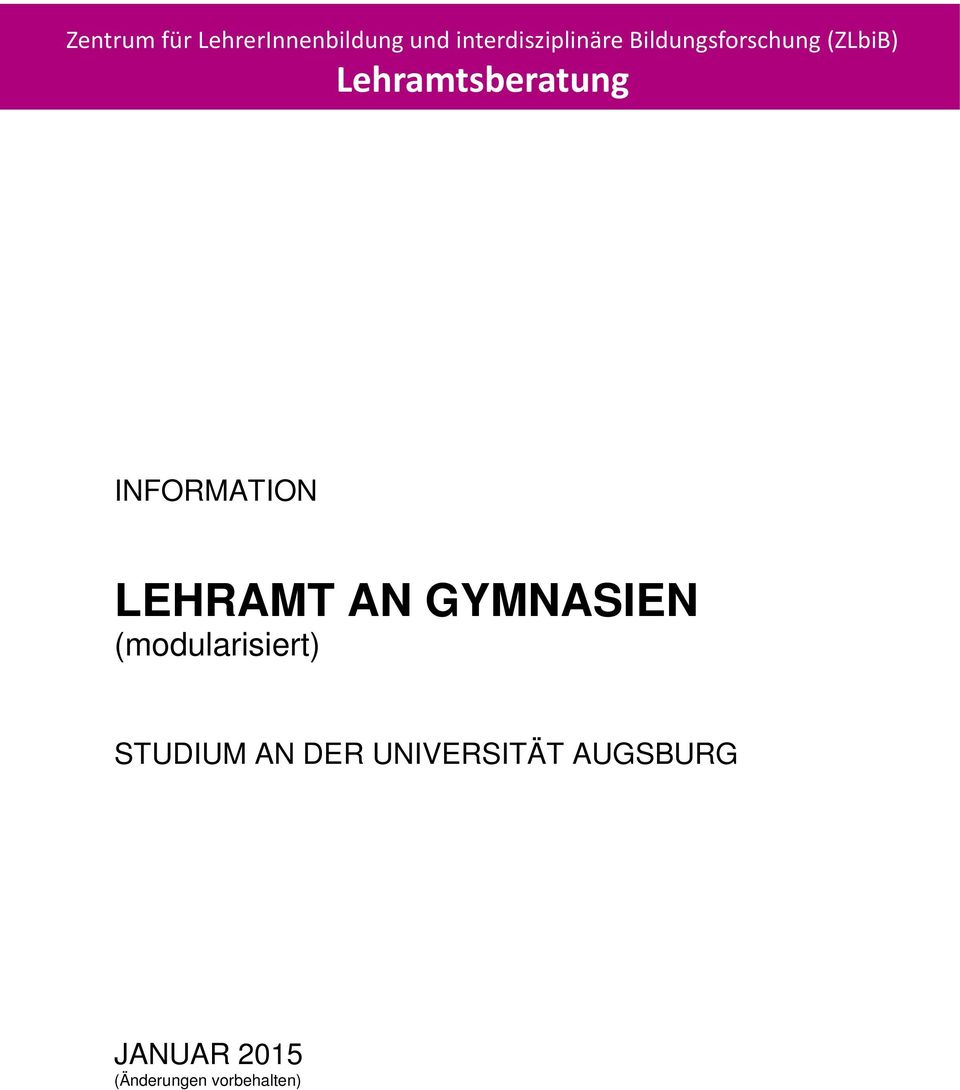 LEHRAMT AN GYMNASIEN (modularisiert) STUDIUM AN DER