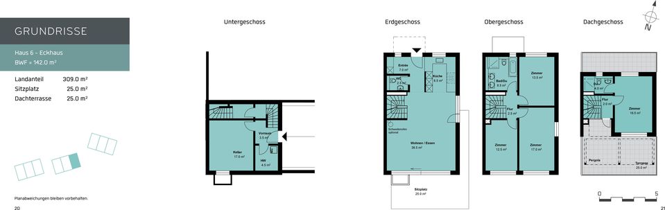 6 - Eckhaus BWF = 142.0 m² Landanteil 309.0 m² 25.0 m² Dachterrasse 25.