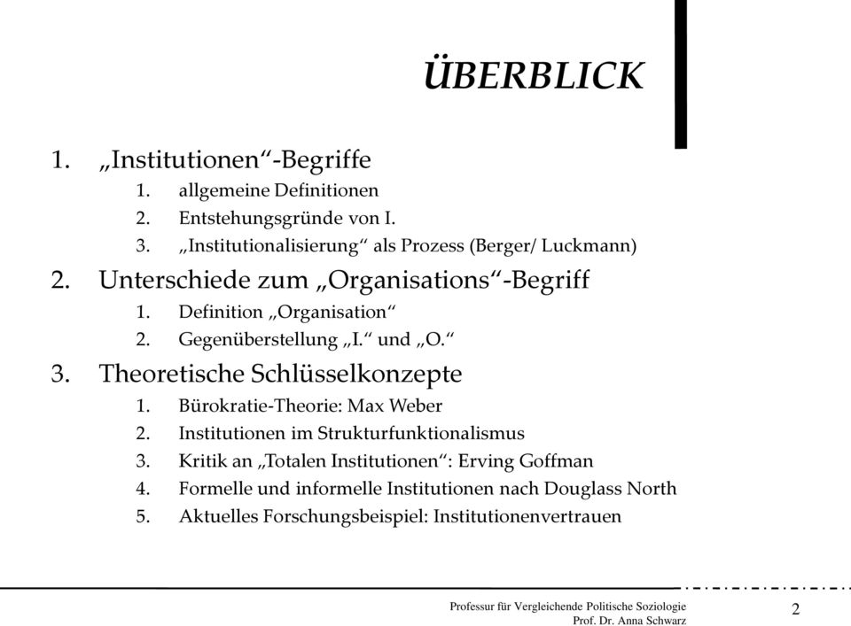 Gegenüberstellung I. und O. 3. Theoretische Schlüsselkonzepte 1. Bürokratie-Theorie: Max Weber 2.