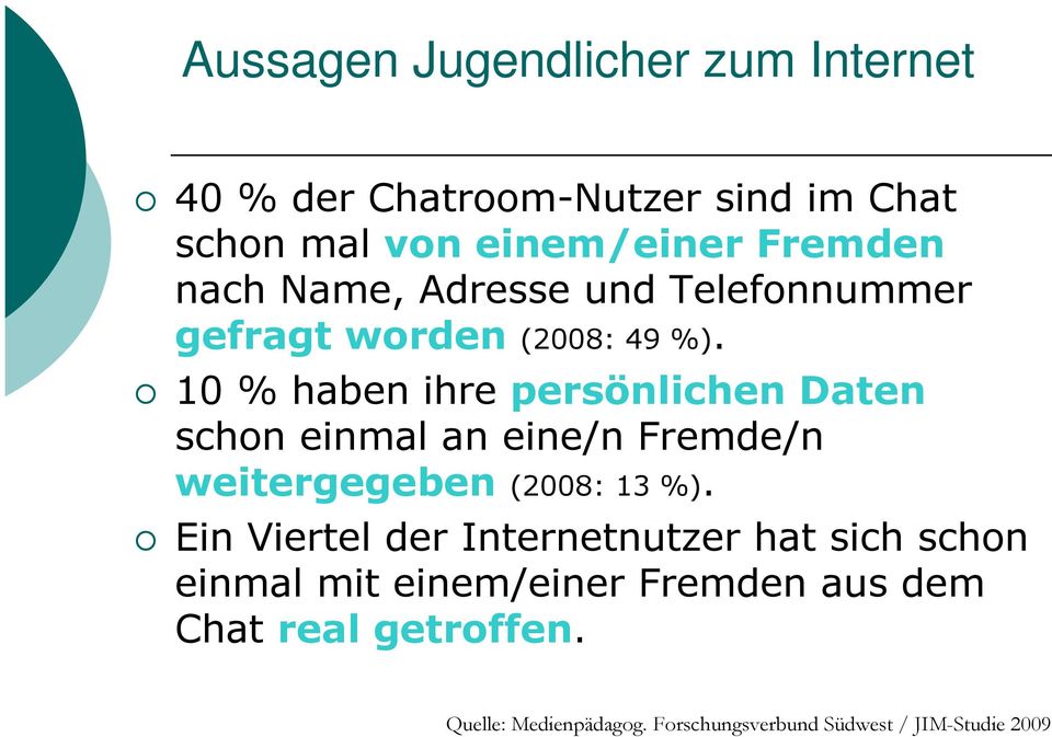 10 % haben ihre persönlichen Daten schon einmal an eine/n Fremde/n weitergegeben (2008: 13 %).