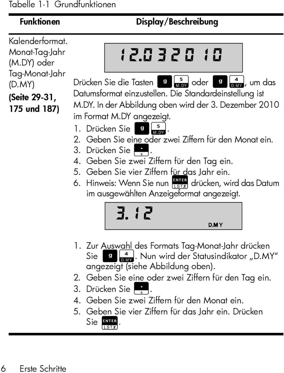 DY angezeigt. 1. Drücken Sie Uq. 2. Geben Sie eine oder zwei Ziffern für den Monat ein. 3. Drücken Sie.. 4. Geben Sie zwei Ziffern für den Tag ein. 5. Geben Sie vier Ziffern für das Jahr ein. 6.