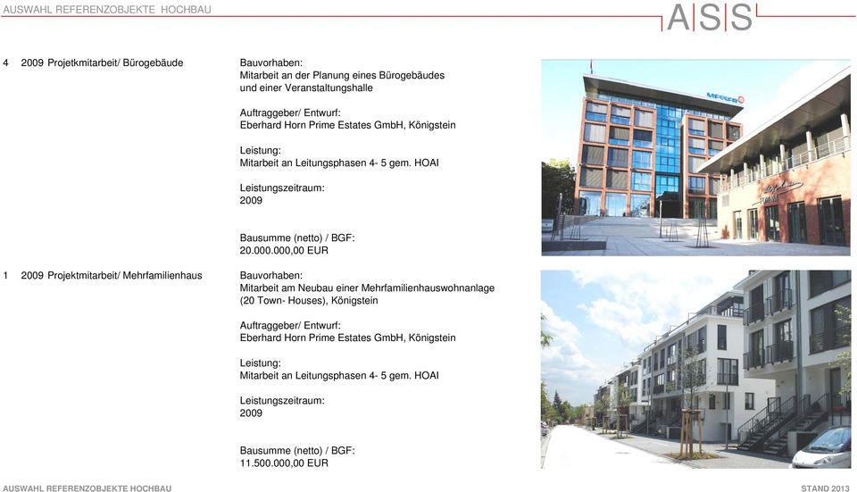 000,00 EUR 1 2009 Projektmitarbeit/ Mehrfamilienhaus Bauvorhaben: Mitarbeit am Neubau einer Mehrfamilienhauswohnanlage (20 Town- Houses), Königstein Auftraggeber/ Entwurf: