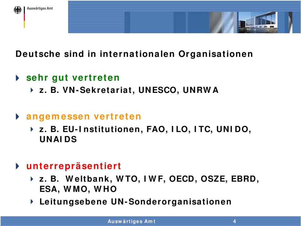 EU-Institutionen, FAO, ILO, ITC, UNIDO, UNAIDS unterrepräsentiert z. B.