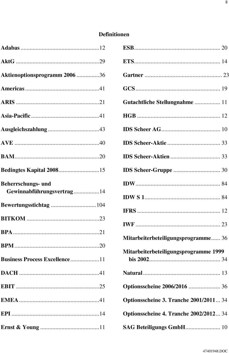 ..11 ESB...20 ETS...14 Gartner...23 GCS...19 Gutachtliche Stellungnahme...11 HGB...12 IDS Scheer AG...10 IDS Scheer-Aktie...33 IDS Scheer-Aktien...33 IDS Scheer-Gruppe...30 IDW...84 IDW S 1...84 IFRS.