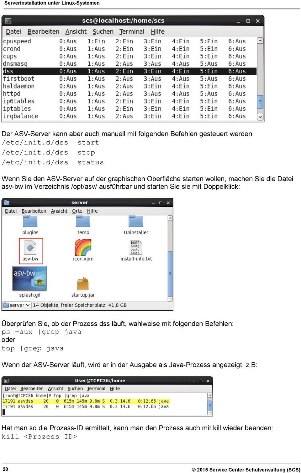 starten Sie sie mit Doppelklick: Überprüfen Sie, ob der Prozess dss läuft, wahlweise mit folgenden Befehlen: ps -aux grep java oder top grep java Wenn der