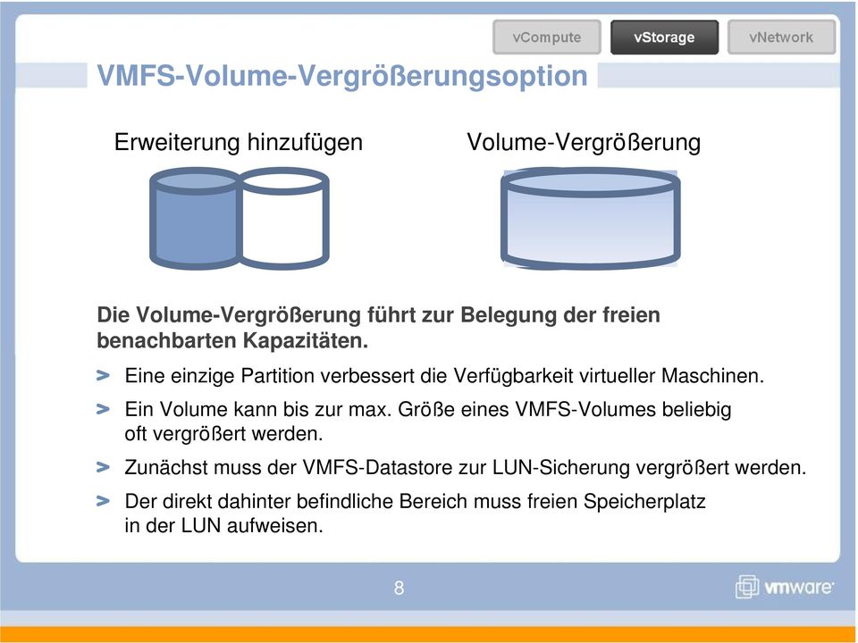 Ein Volume kann bis zur max. Größe eines VMFS-Volumes beliebig oft vergrößert werden.