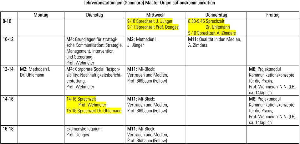 Uhlemann M4: Corporate Social Responsibility: Nachhaltigkeitsberichterstattung, Prof. Wehmeier 14-16 14-16 Sprechzeit Prof. Wehmeier 15-16 Sprechzeit Dr. Uhlemann 16-18 Examenskolloquium, Prof.