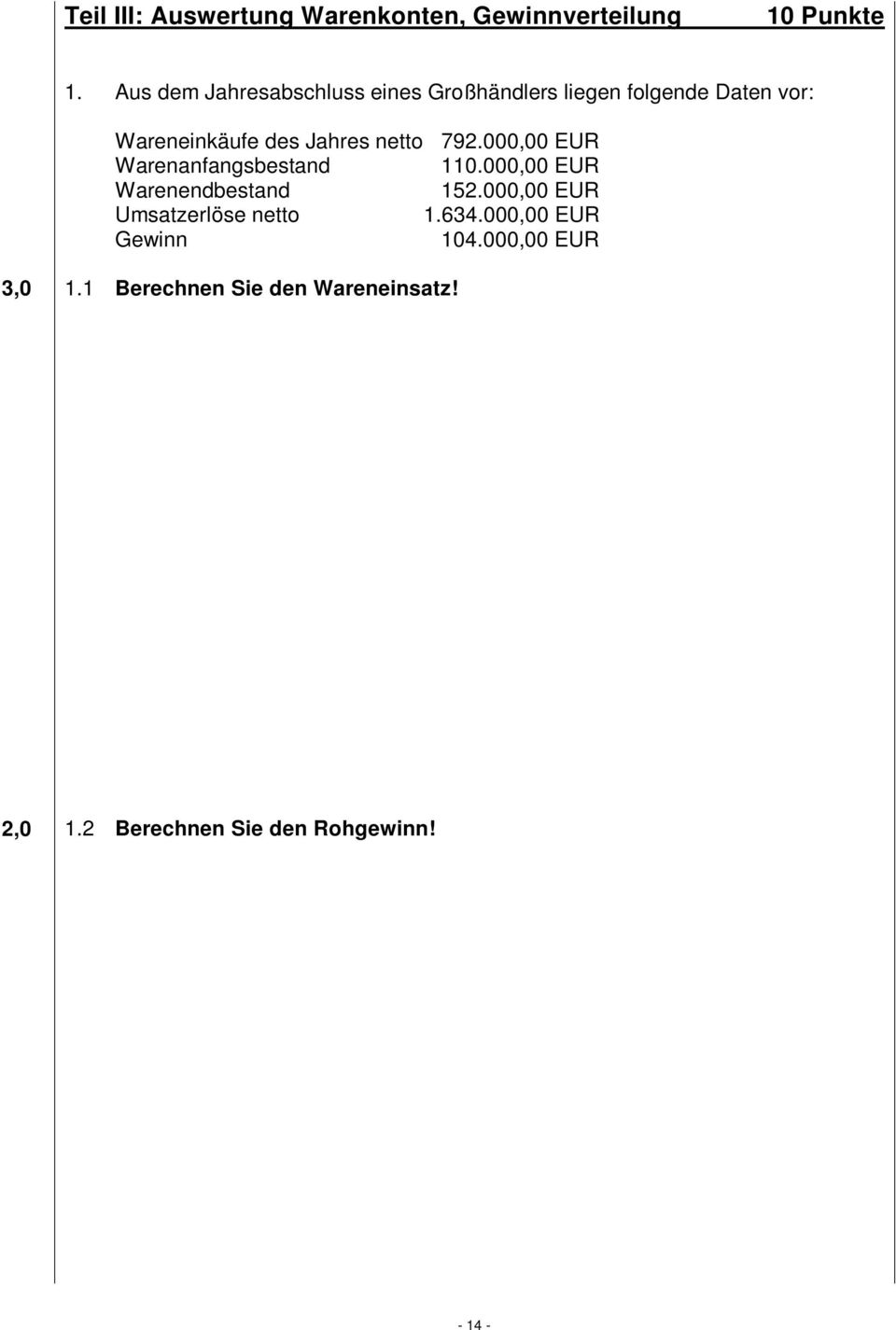 netto 792.000,00 EUR Warenanfangsbestand 110.000,00 EUR Warenendbestand 152.