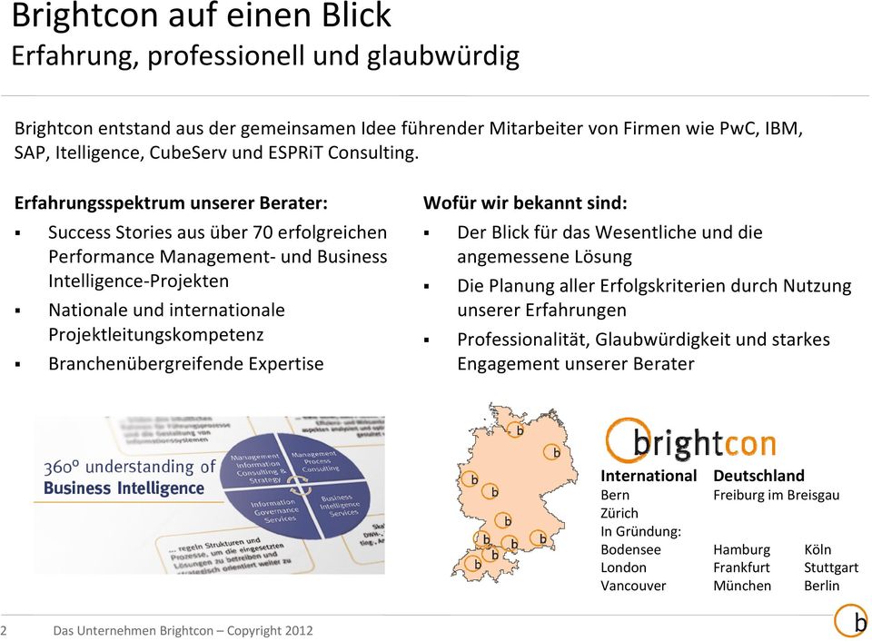 Erfahrungsspektrum unserer Berater: Success Stories aus über 70 erfolgreichen Performance Management- und Business Intelligence-Projekten Nationale und internationale Projektleitungskompetenz