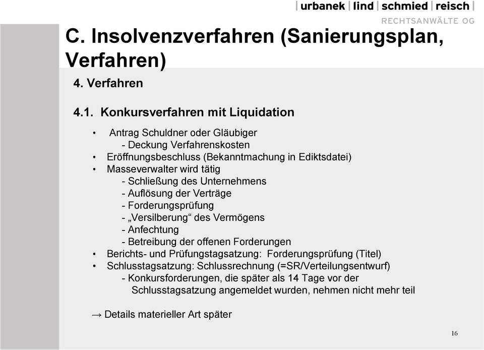 tätig - Schließung des Unternehmens - Auflösung der Verträge - Forderungsprüfung - Versilberung des Vermögens - Anfechtung - Betreibung der offenen Forderungen