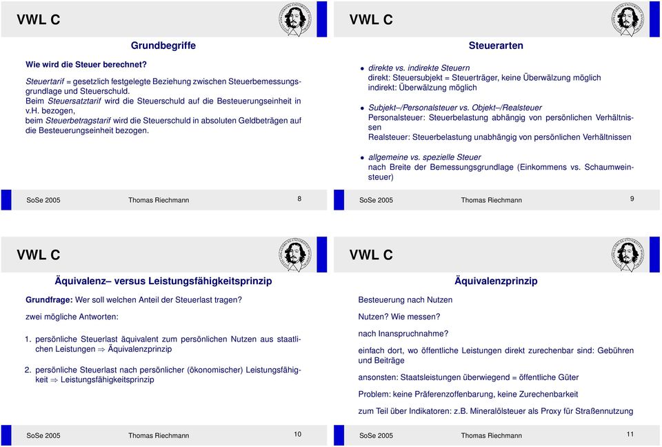 Steuerarten direkte vs. indirekte Steuern direkt: Steuersubjekt = Steuerträger, keine Überwälzung möglich indirekt: Überwälzung möglich Subjekt /Personalsteuer vs.