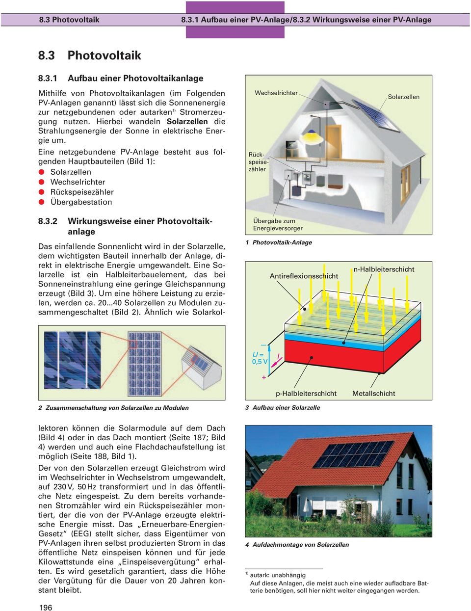Eine netzgebundene PV-Anlage besteht aus folgenden Hauptbauteilen (Bild 1): Solarzellen Wechselrichter Rückspeisezähler Übergabestation 8.3.