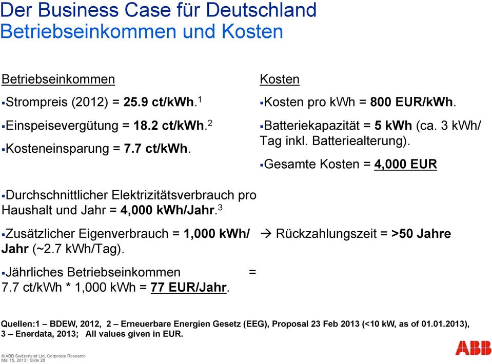 Gesamte Kosten = 4,000 EUR Durchschnittlicher Elektrizitätsverbrauch pro Haushalt und Jahr = 4,000 kwh/jahr. 3 Zusätzlicher Eigenverbrauch = 1,000 kwh/ Jahr (~2.7 kwh/tag).