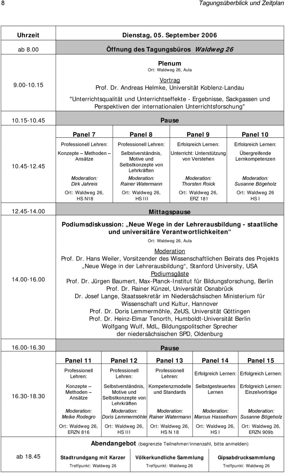 45 Pause Panel 7 Panel 8 Panel 9 Panel 10 Professionell Lehren: Professionell Lehren: Erfolgreich Lernen: Erfolgreich Lernen: 10.45-12.